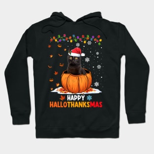 Black Cat On Pumpkin Happy Hallothanksmas Hoodie